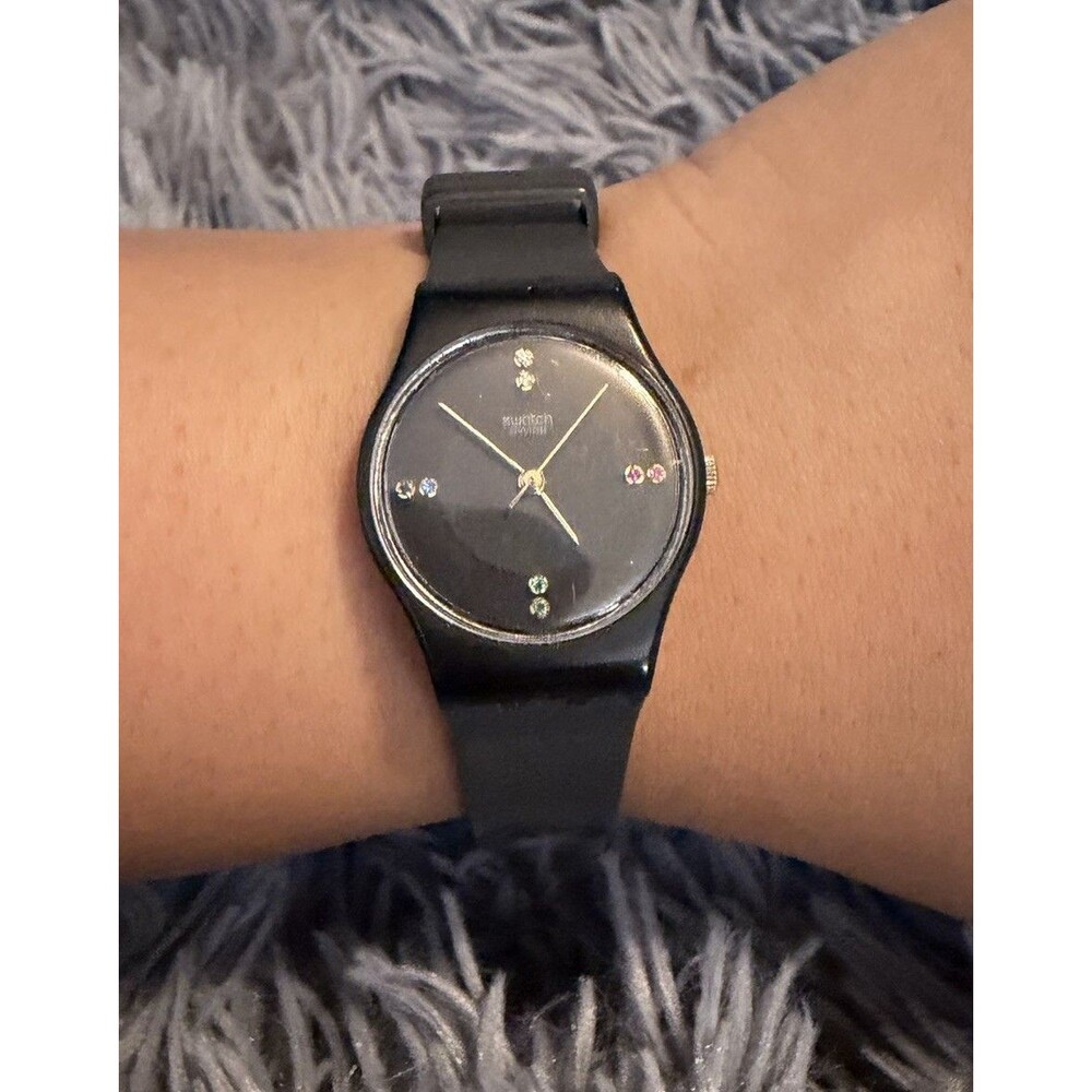 Vintage Swatch Swiss Black Quartz Watch Multicolor Crystal Markers New Battery